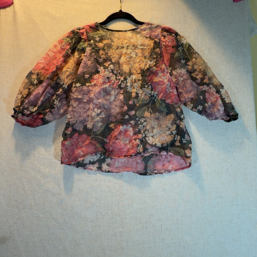 H&M Floral Chiffon Blouse Lace-Up V-Neck Balloon Sleeve Top S